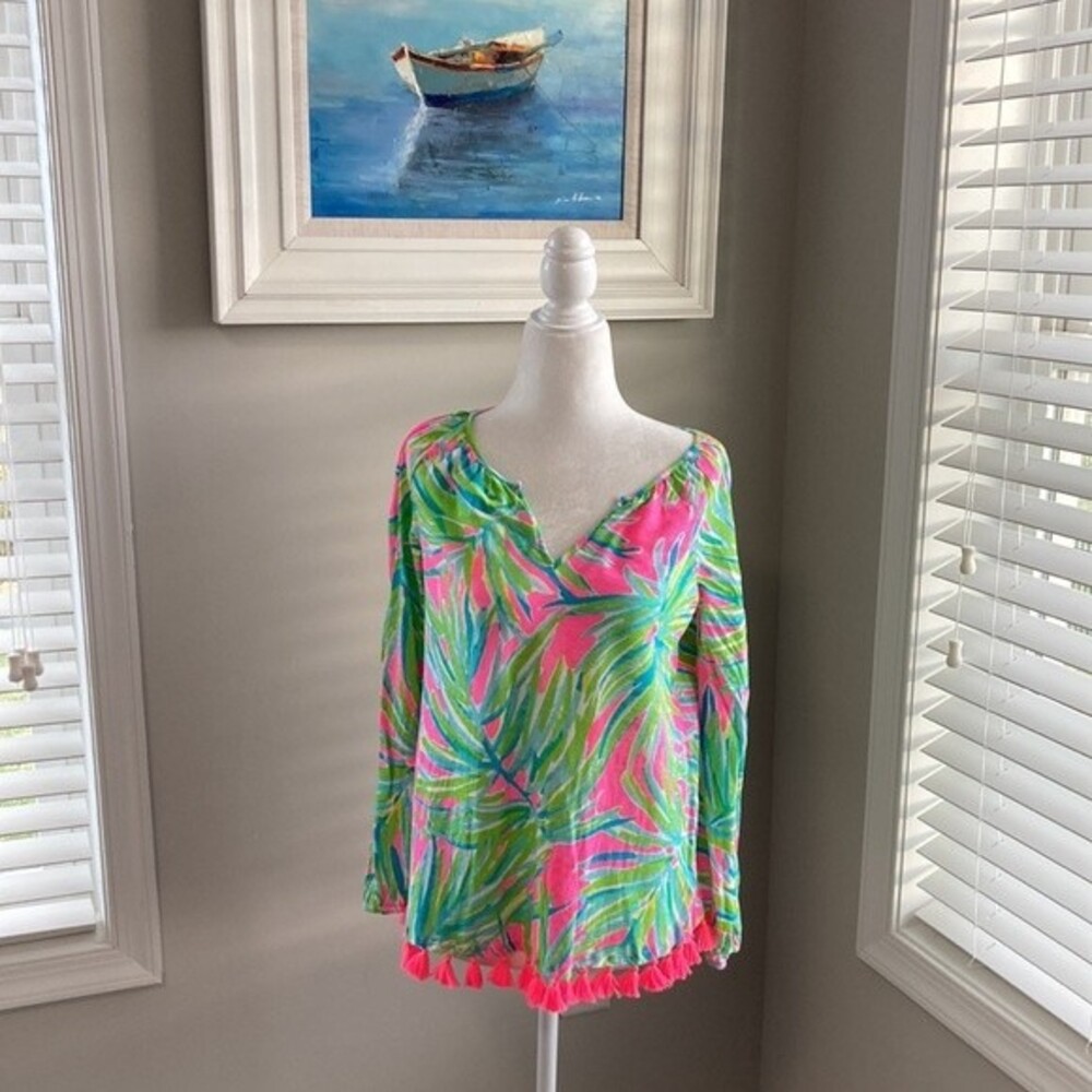 Lilly Pulitzer Linzy Tiki Fringe Pink Green Tastle Top XS - Picture 3 of 9